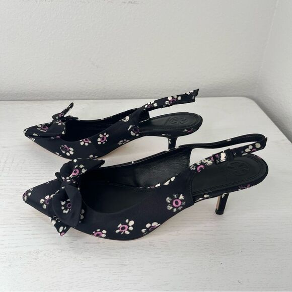 NEW Tory Burch Rosalind Satin Slingback Pump Black Shoes Party Holiday Size 9.5 - Picture 6 of 9